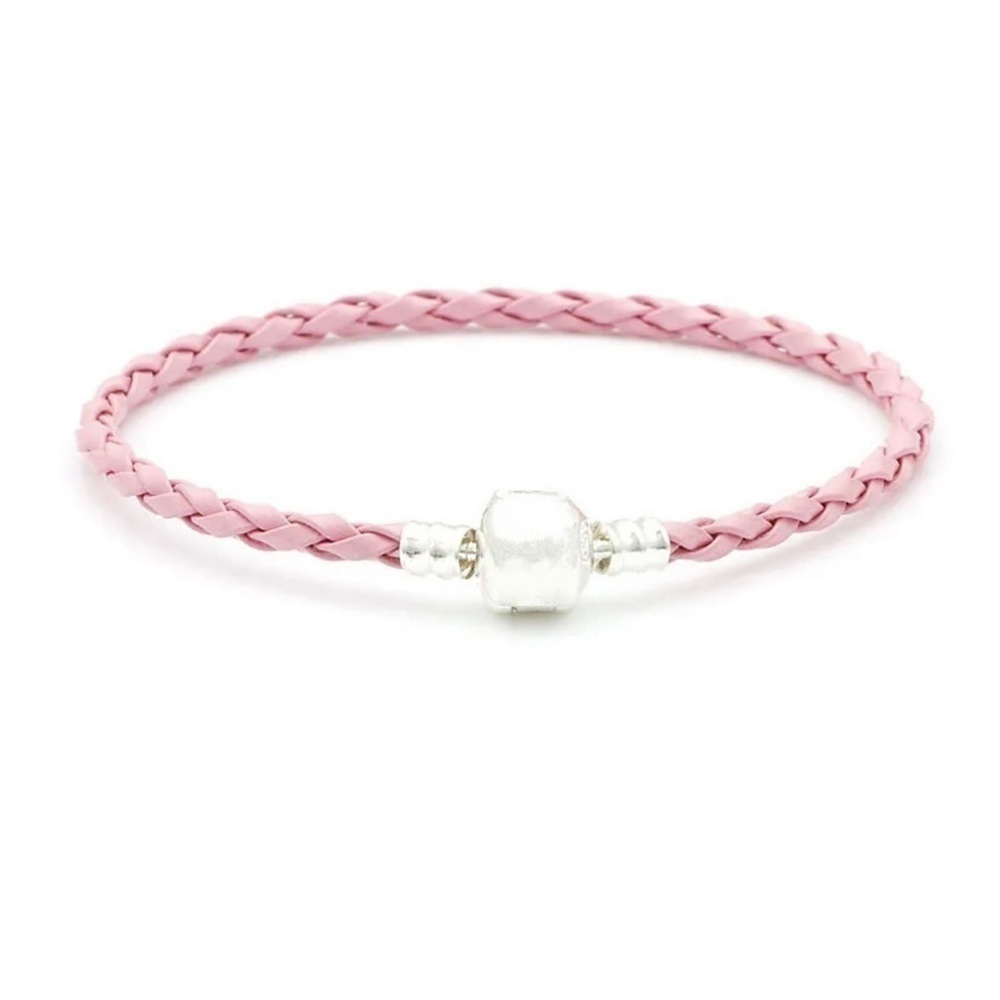 Pink Braided PU Leather Silver Plated European Charm Bracelet 7 inches